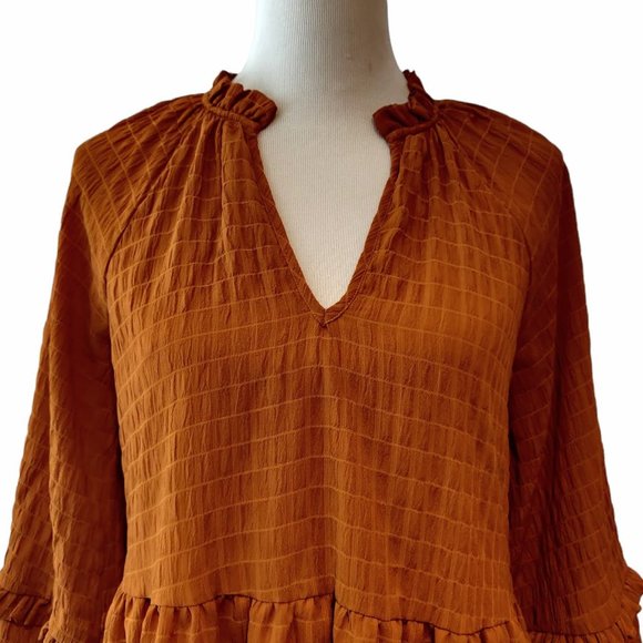Mare x Anthropologie Womens Anne Gold Brown Balloon Sleeve Tier Ruffle Dress XS - Picture 4 of 9